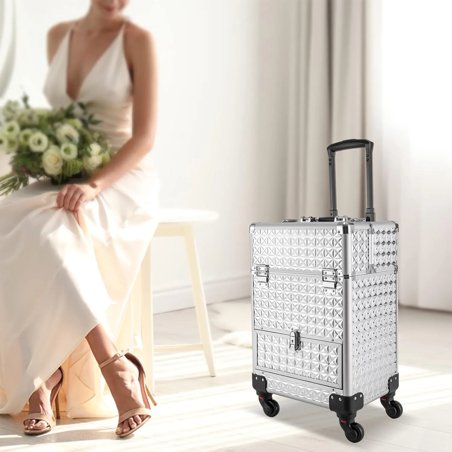 Rolling Makeup Case with Drawers, Professional Makeup Trolley Storage with Retractable 4-Layer Trays, Nail Case with Wheels, for Studio or Travelling Nail Artists Cosmetologist Stylist (Silver)