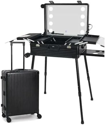 Rolling Makeup CaseRolling Makeup CaseAluminium Professional Trolley Makeup Train Case With LED LightsMakeup Travel Case, Height Adjustable, Suitable For Professional Makeup Artists(Black)