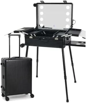 Rolling Makeup CaseRolling Makeup CaseAluminium Professional Trolley Makeup Train Case With LED LightsMakeup Travel Case, Height Adjustable, Suitable For Professional Makeup Artists(Black)