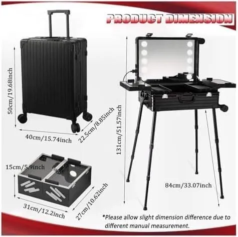 Rolling Makeup CaseRolling Makeup CaseAluminium Professional Trolley Makeup Train Case With LED LightsMakeup Travel Case, Height Adjustable, Suitable For Professional Makeup Artists(Black)
