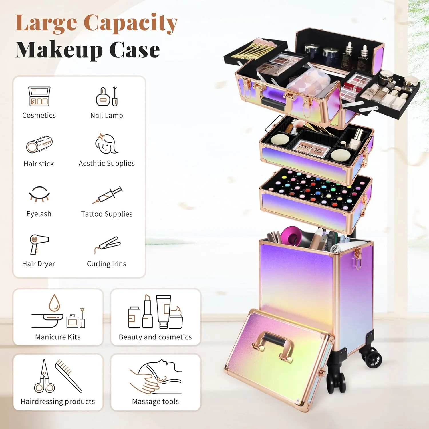 Rolling Makeup Train Case Large Storage Cosmetic Trolley 5 in 1 Large Capacity Trolley Makeup Travel Case with Key Swivel Wheels Salon Barber Case Traveling Cart Trunk, Colorful