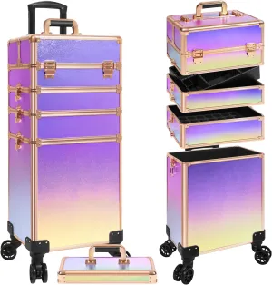 Rolling Makeup Train Case Large Storage Cosmetic Trolley 5 in 1 Large Capacity Trolley Makeup Travel Case with Key Swivel Wheels Salon Barber Case Traveling Cart Trunk, Colorful