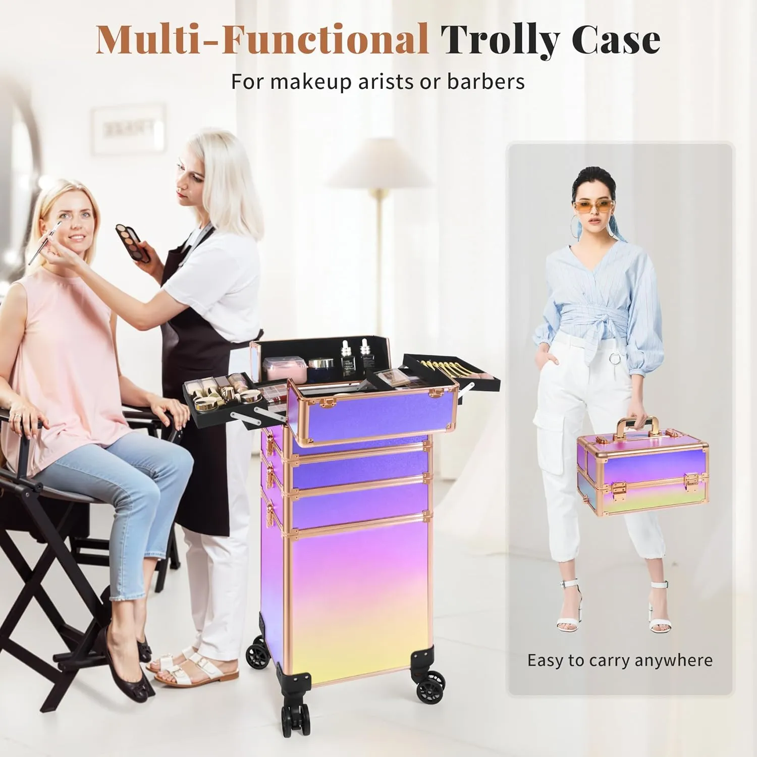 Rolling Makeup Train Case Large Storage Cosmetic Trolley 5 in 1 Large Capacity Trolley Makeup Travel Case with Key Swivel Wheels Salon Barber Case Traveling Cart Trunk, Colorful