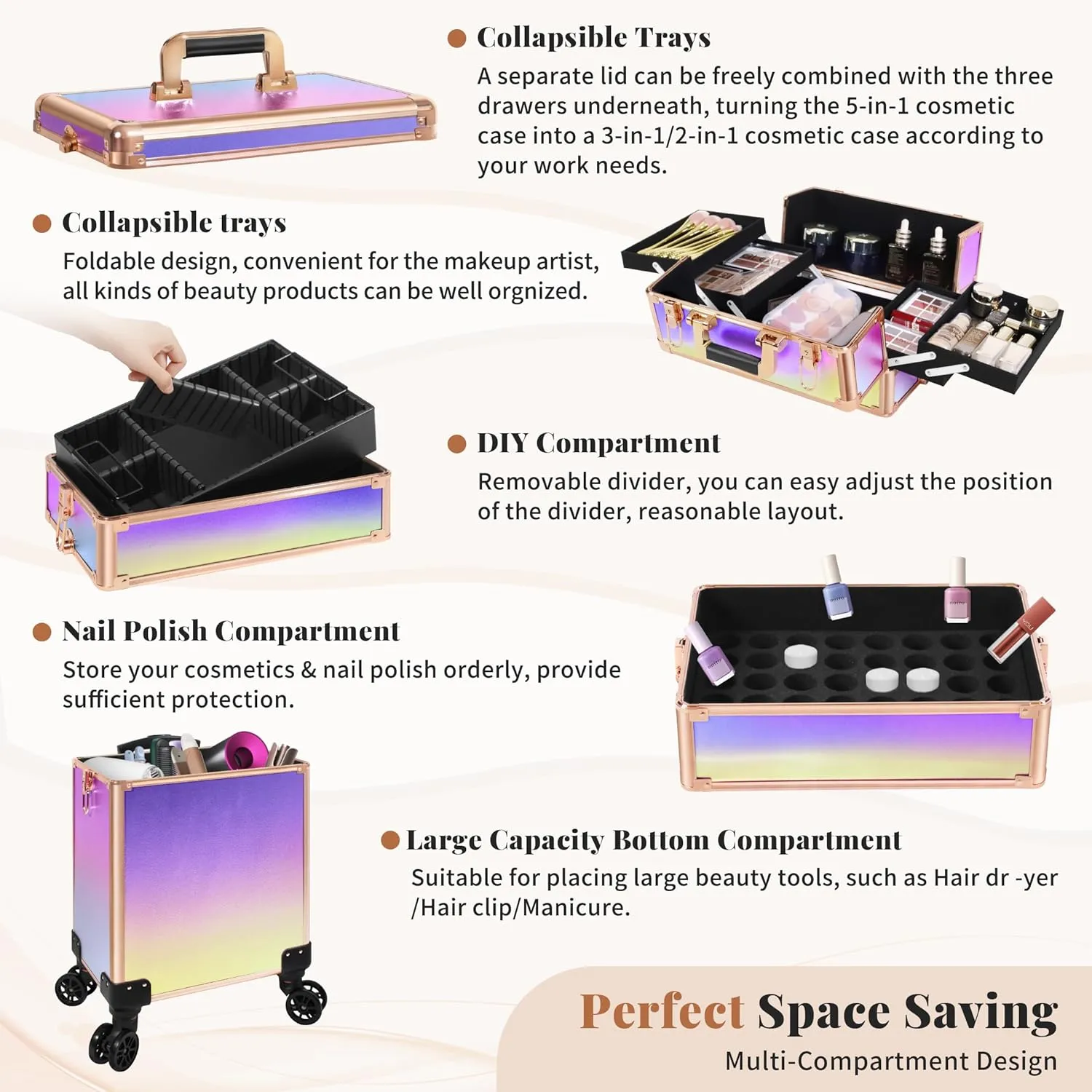 Rolling Makeup Train Case Large Storage Cosmetic Trolley 5 in 1 Large Capacity Trolley Makeup Travel Case with Key Swivel Wheels Salon Barber Case Traveling Cart Trunk, Colorful