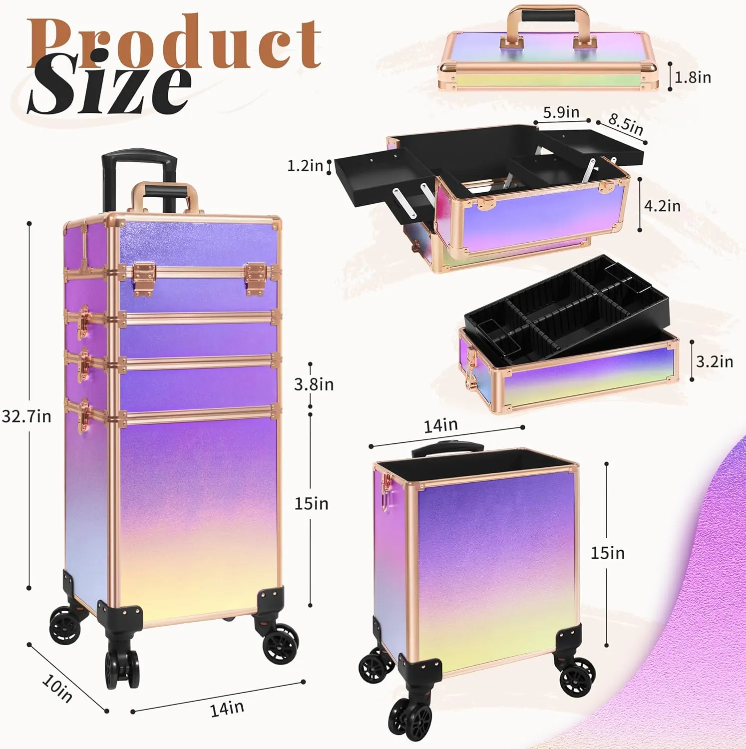 Rolling Makeup Train Case Large Storage Cosmetic Trolley 5 in 1 Large Capacity Trolley Makeup Travel Case with Key Swivel Wheels Salon Barber Case Traveling Cart Trunk, Colorful