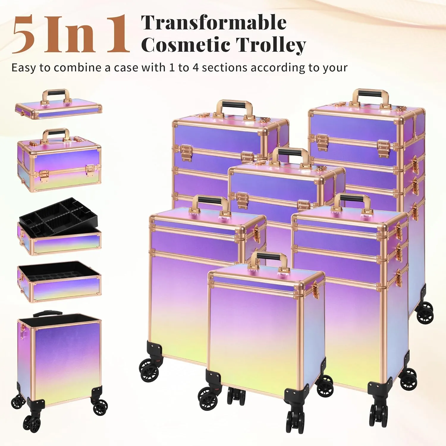 Rolling Makeup Train Case Large Storage Cosmetic Trolley 5 in 1 Large Capacity Trolley Makeup Travel Case with Key Swivel Wheels Salon Barber Case Traveling Cart Trunk, Colorful
