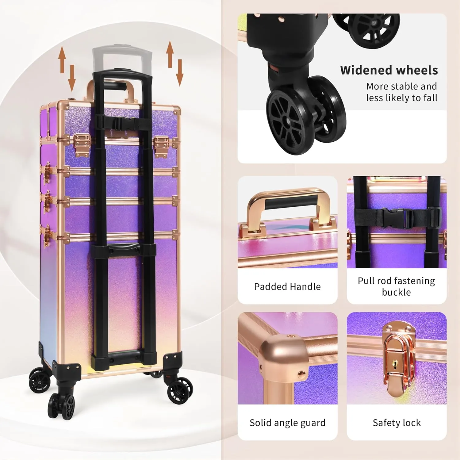 Rolling Makeup Train Case Large Storage Cosmetic Trolley 5 in 1 Large Capacity Trolley Makeup Travel Case with Key Swivel Wheels Salon Barber Case Traveling Cart Trunk, Colorful