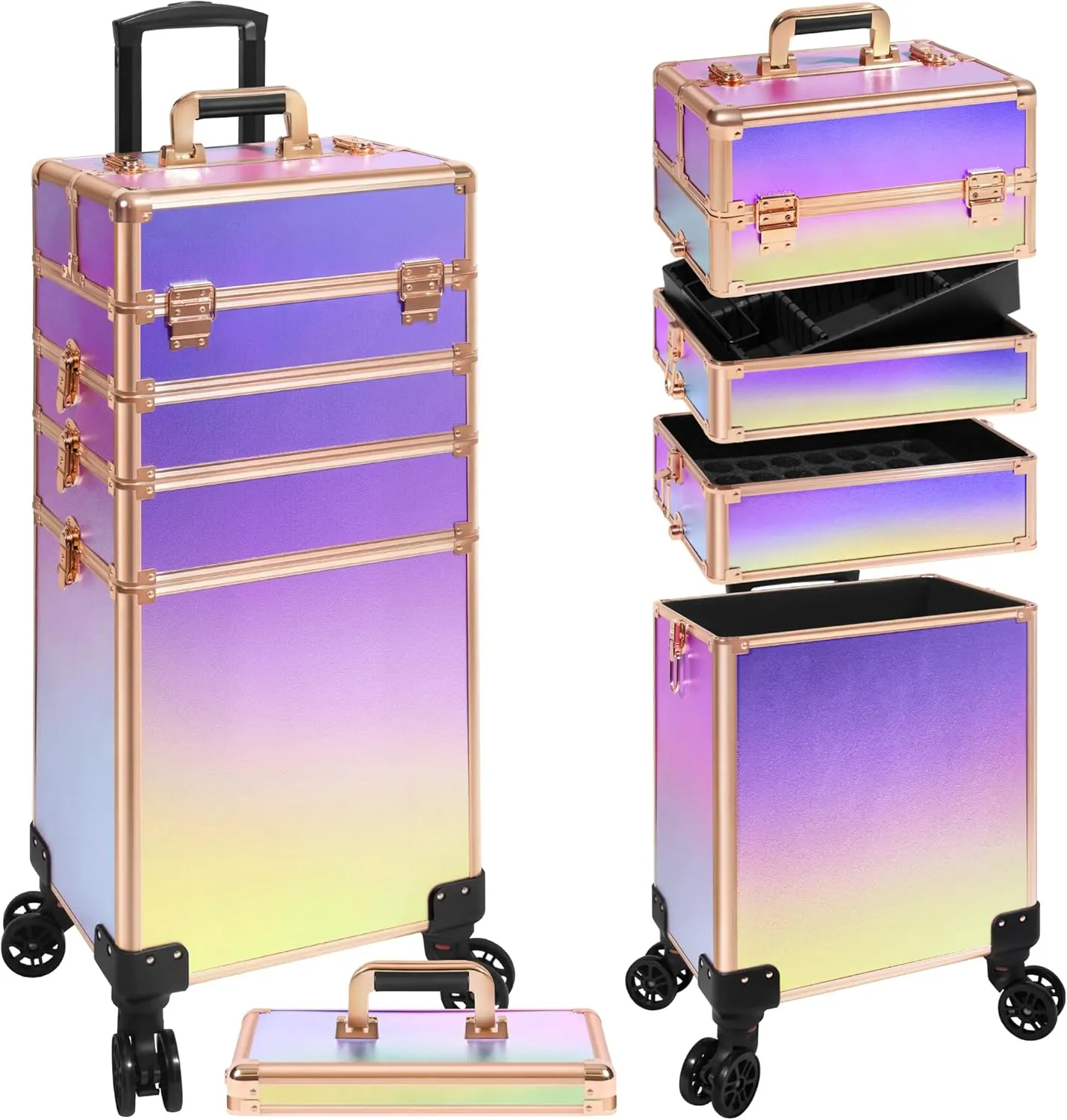 Rolling Makeup Train Case Large Storage Cosmetic Trolley 5 in 1 Large Capacity Trolley Makeup Travel Case with Key Swivel Wheels Salon Barber Case Traveling Cart Trunk, Colorful