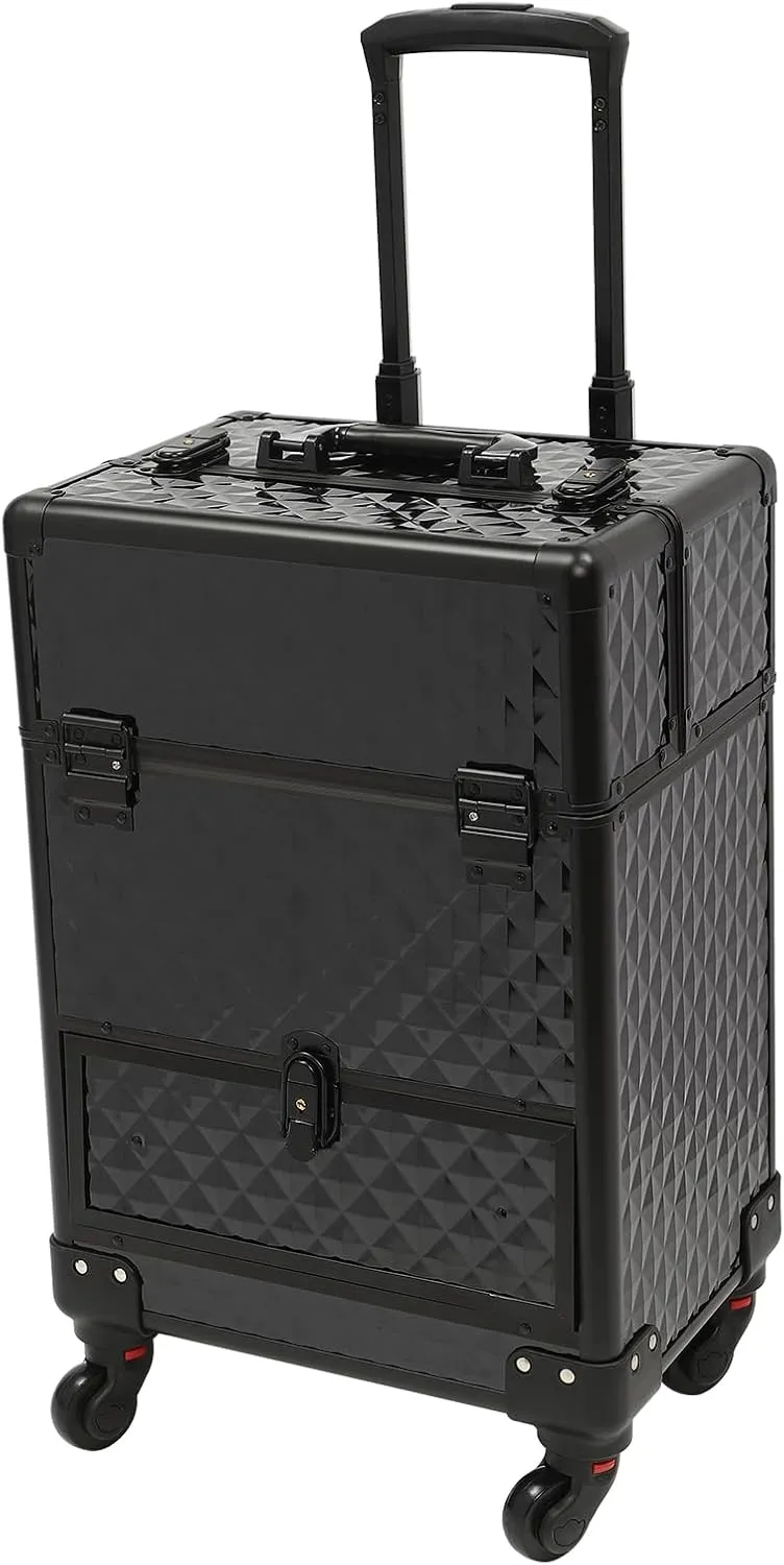 Rolling Makeup Train Case,Professional Makeup Trolley with Drawer,Rolling Nail Case Wheeled Manicure Storage Case for Hair Stylists,Pet Groomers,Makeup Artists (Black)