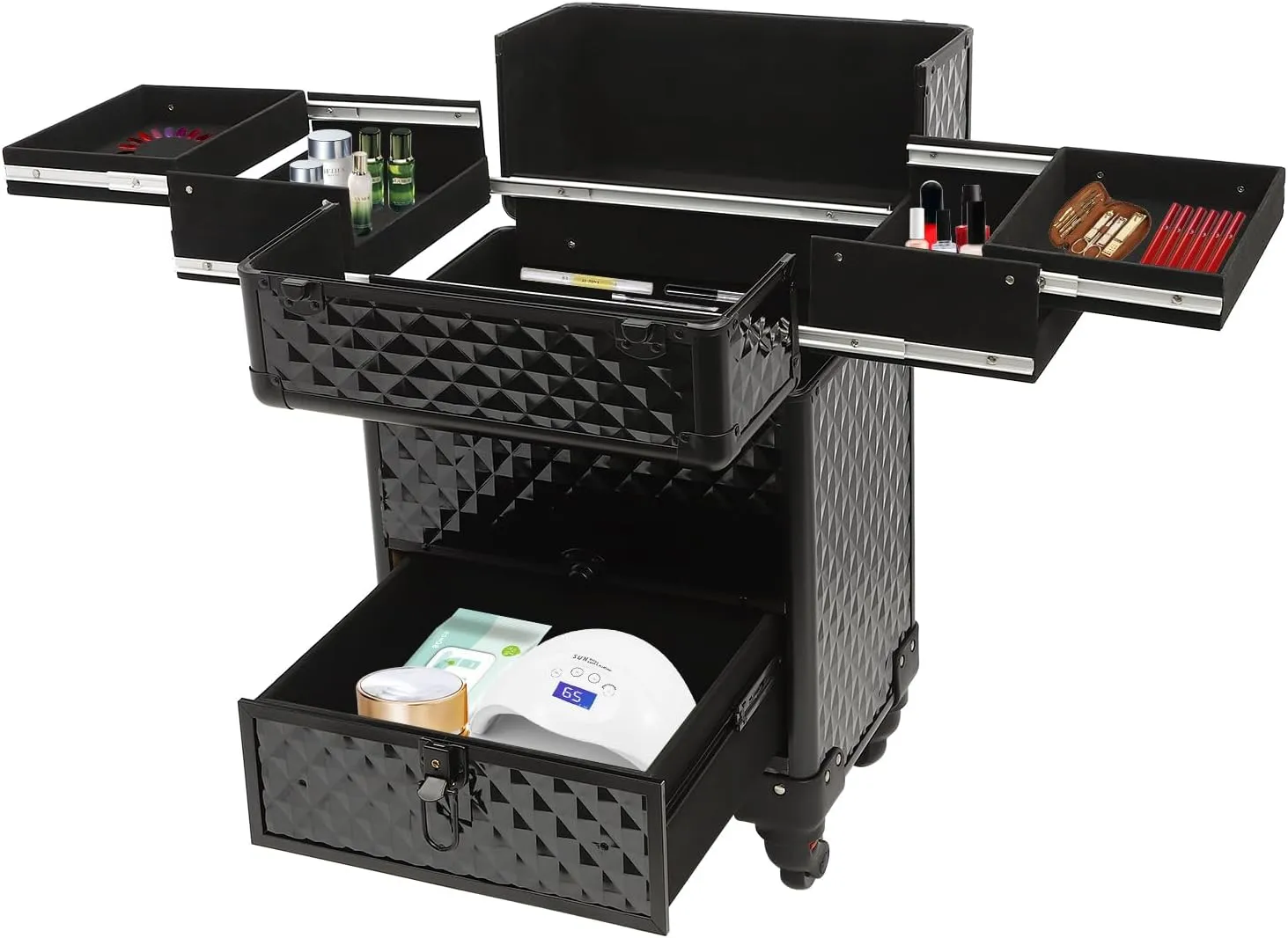 Rolling Makeup Train Case,Professional Makeup Trolley with Drawer,Rolling Nail Case Wheeled Manicure Storage Case for Hair Stylists,Pet Groomers,Makeup Artists (Black)