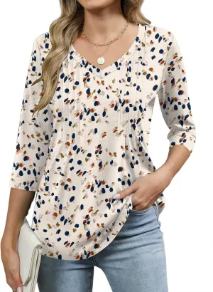 Romanstii Shirts for Women 2025 Summer 3/4 Length Sleeve Womens Tops Dressy Casual Pleated Blouses V Neck Tee Shirts S-3XL