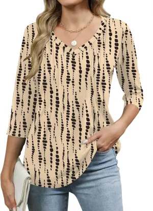 Romanstii Shirts for Women 2025 Summer 3/4 Length Sleeve Womens Tops Dressy Casual Pleated Blouses V Neck Tee Shirts S-3XL