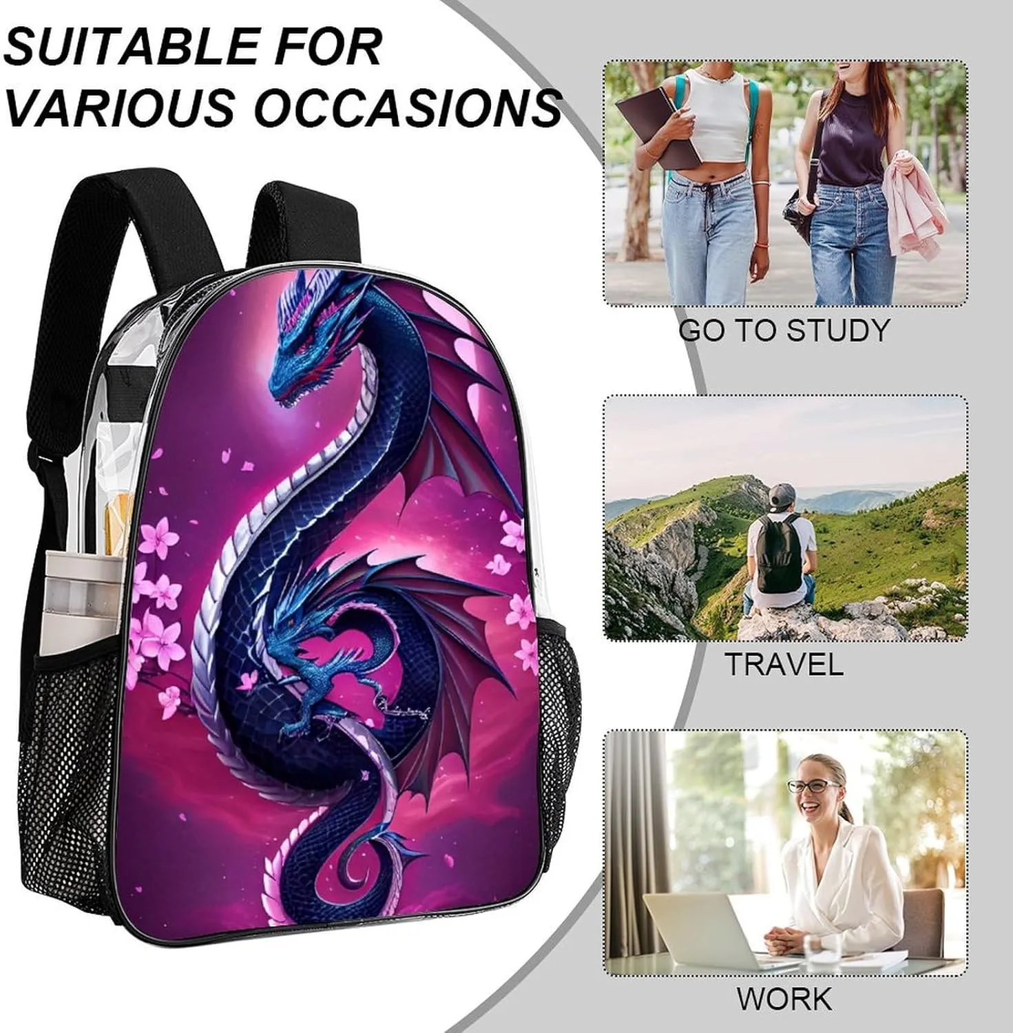 Romantic Dragon Cherry Flowers Art Rucksack Transparent Anti-Theft Multipurpose Carry On Bag Large Capacity Travel and Sport Backpack Rucksack With Smooth Zippers