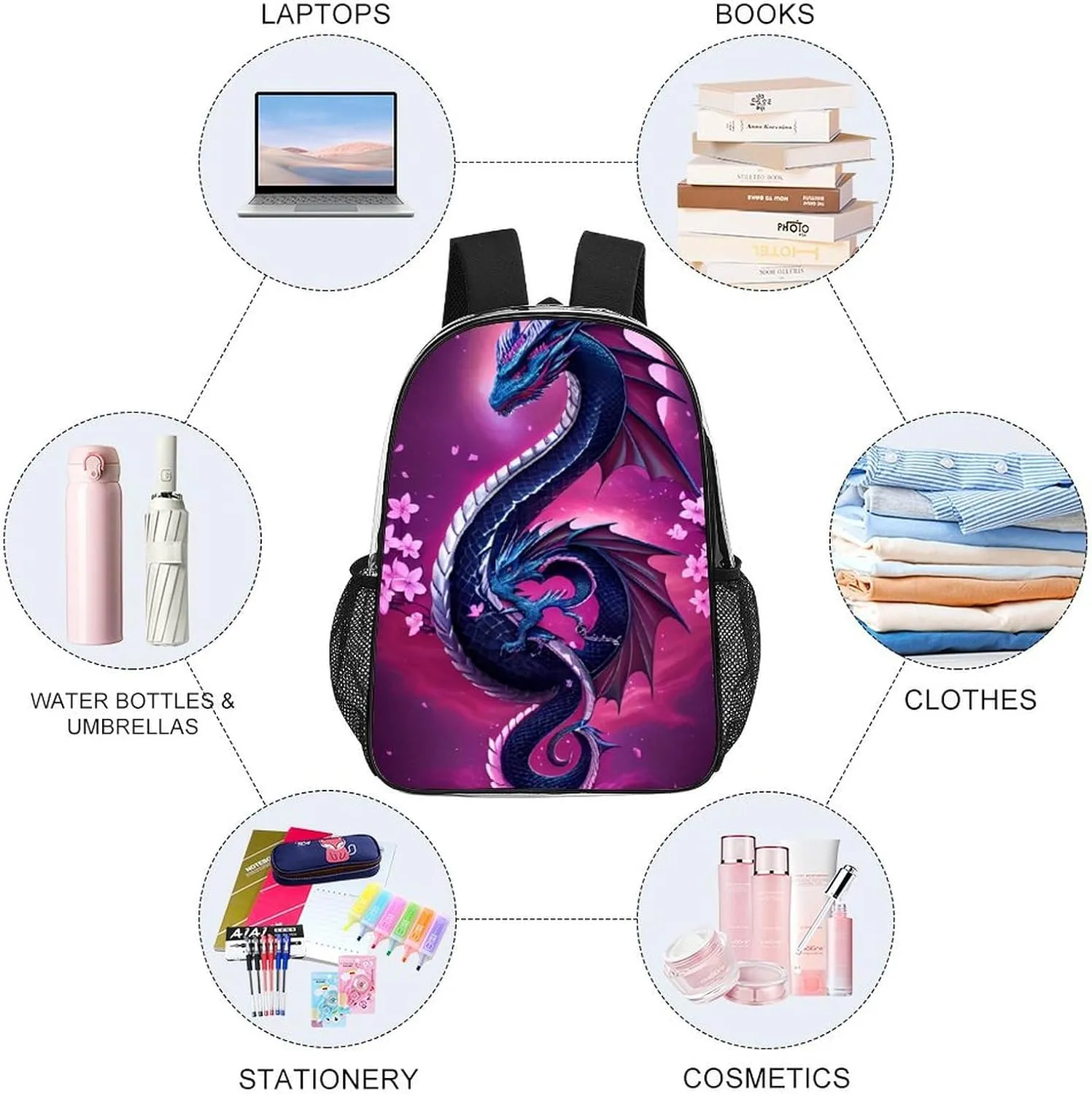 Romantic Dragon Cherry Flowers Art Rucksack Transparent Anti-Theft Multipurpose Carry On Bag Large Capacity Travel and Sport Backpack Rucksack With Smooth Zippers