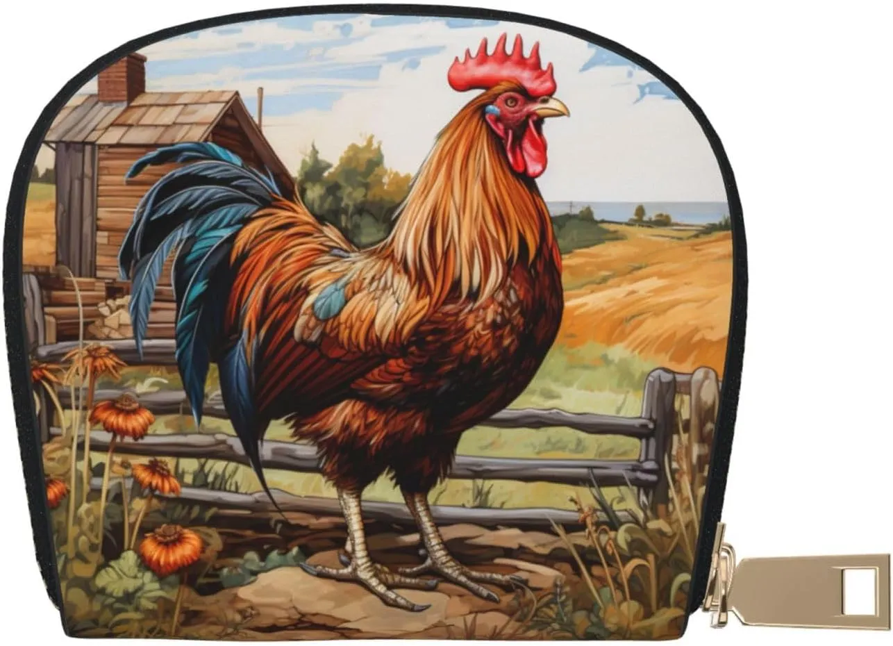 Rooster on Wood in Farmland print Leather Small Purse Credit Card Holder Wallet, Card Holder,Wallet Card Organizer Case