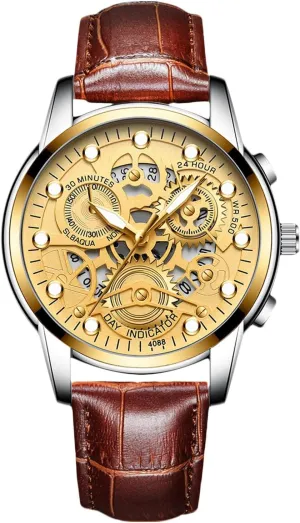 RORIOS Mens Watches Luminous Wristwatches Analog Quartz Watches with Leather Strap Calendar Watches Fashion Dress Watch for Men
