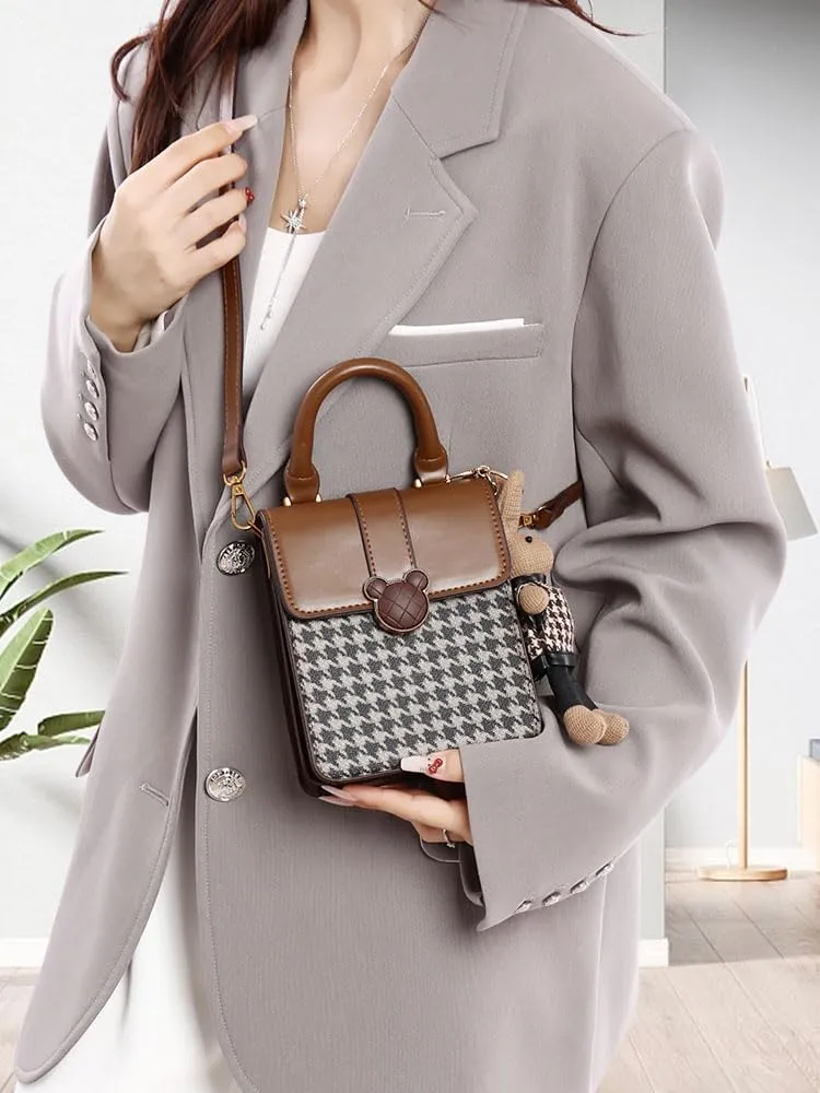 RTGGSEL Quilted Lattice Crossbody Shoulder Bags for Women Small Tote Square Satchel Handbags Purse with Bunny Doll Pendant