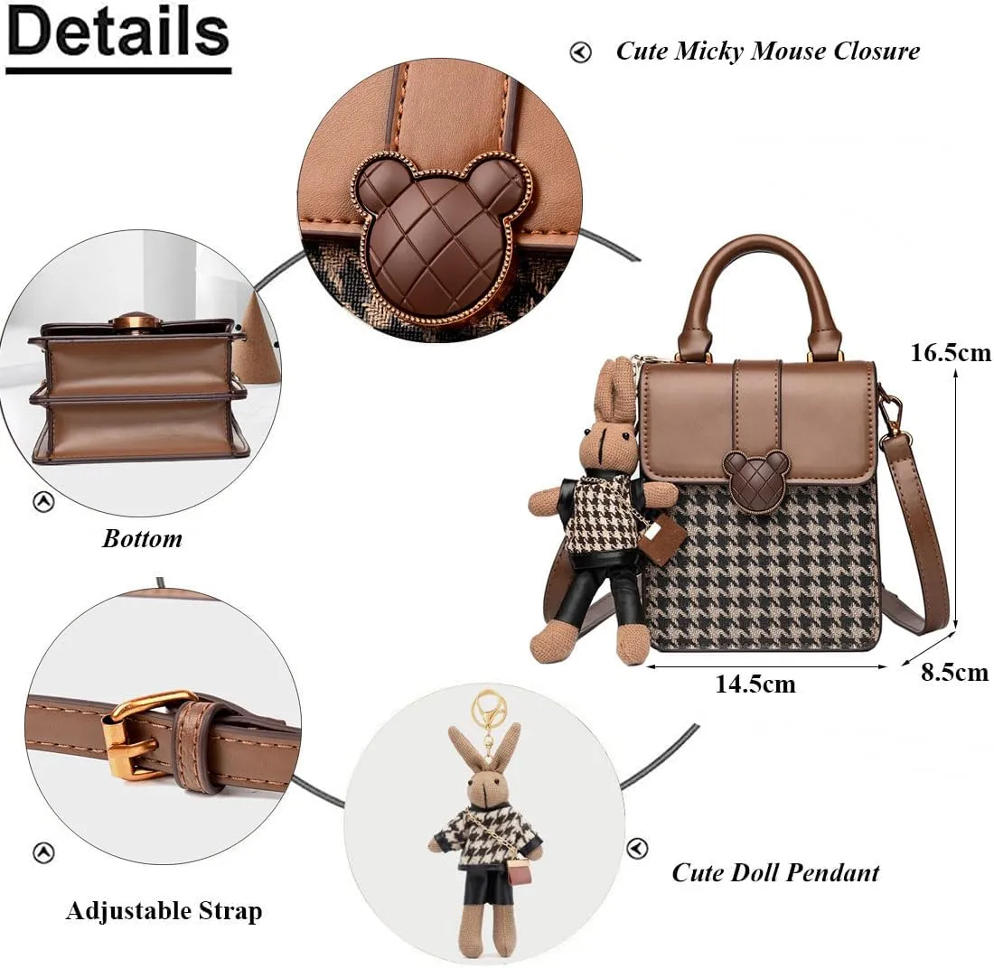 RTGGSEL Quilted Lattice Crossbody Shoulder Bags for Women Small Tote Square Satchel Handbags Purse with Bunny Doll Pendant
