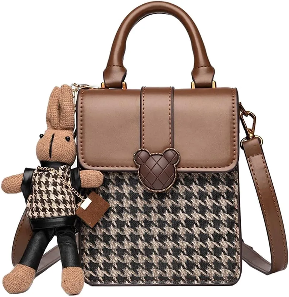 RTGGSEL Quilted Lattice Crossbody Shoulder Bags for Women Small Tote Square Satchel Handbags Purse with Bunny Doll Pendant
