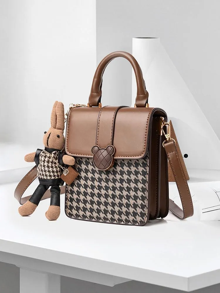 RTGGSEL Quilted Lattice Crossbody Shoulder Bags for Women Small Tote Square Satchel Handbags Purse with Bunny Doll Pendant