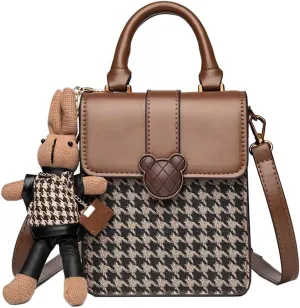 RTGGSEL Quilted Lattice Crossbody Shoulder Bags for Women Small Tote Square Satchel Handbags Purse with Bunny Doll Pendant