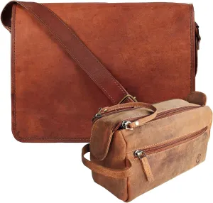 RUSTIC TOWN Handcrafted Genuine Leather Messenger and Toiletry Bag Combo - The Best Travel Gift For Men Women