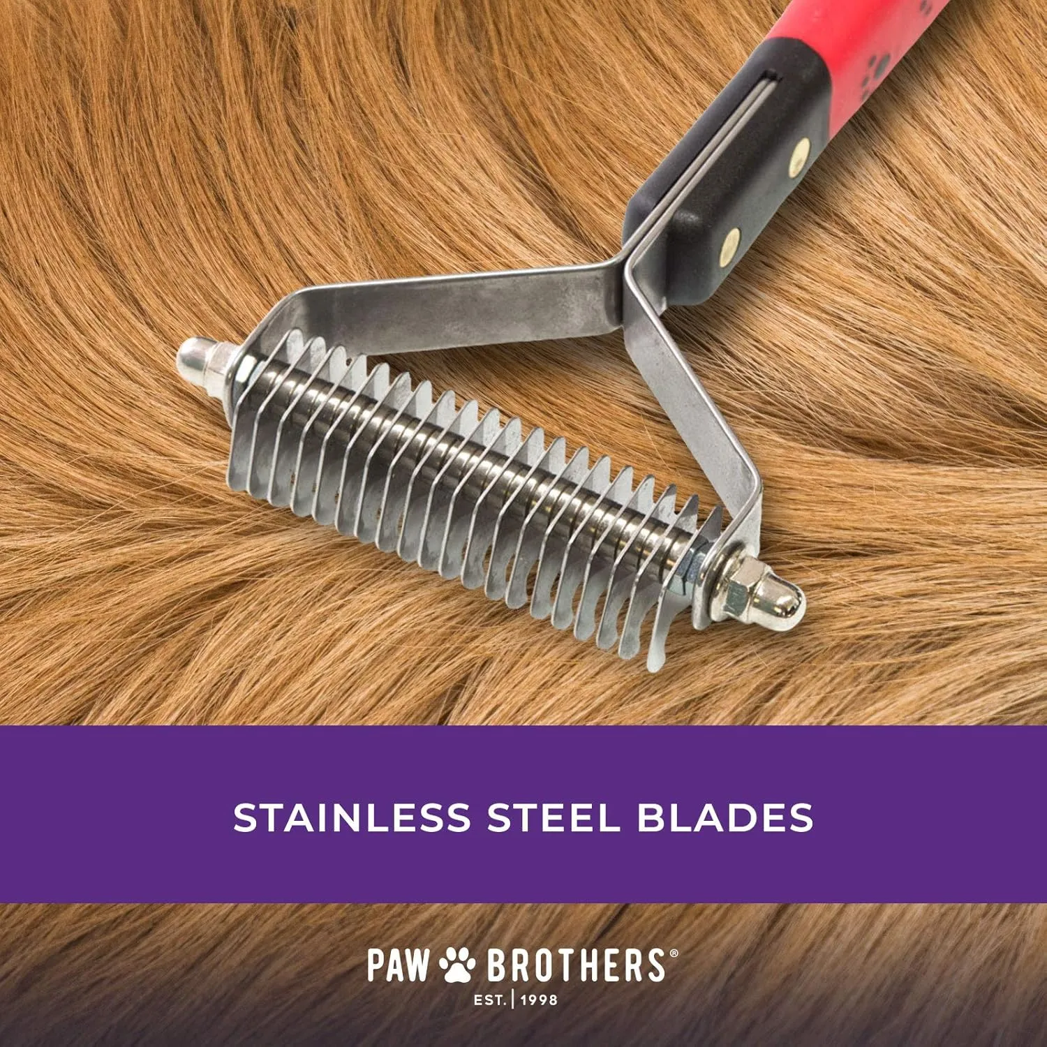RYAN'S PET SUPPLIES Paw Brothers 20 Blade Medium Double WideDematting Undercoat Rake for Dogs and Cats, Professional Grade, Dog Shedding Brush, Stainless Steel Blades, Rounded Gentle Teeth