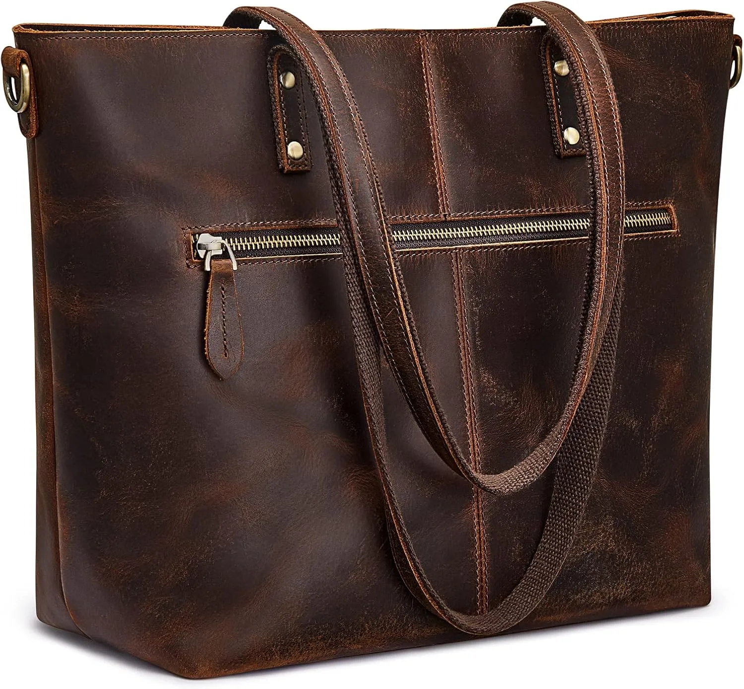 S-ZONE Genuine Leather Tote Bag for Women Vintage Shoulder Purse Work Handbag with Front Pockets