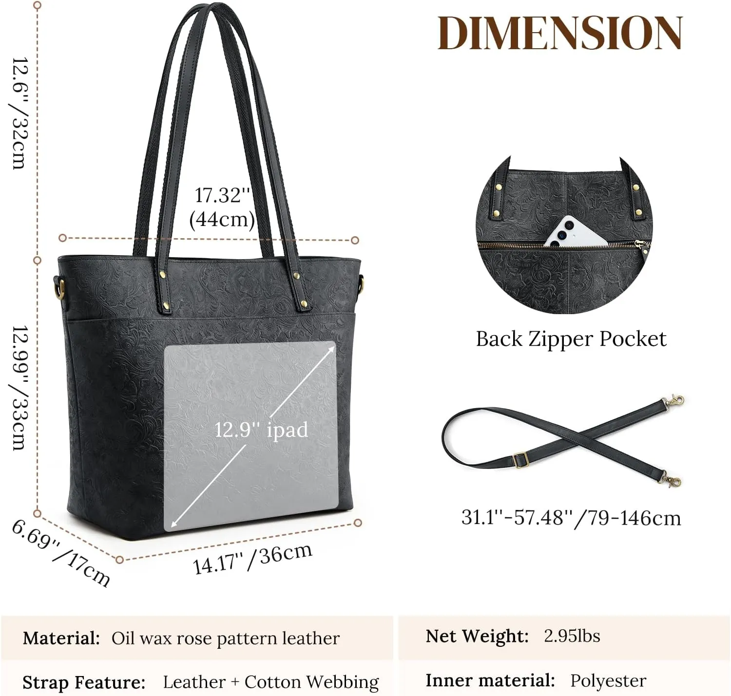 S-ZONE Leather Tote Bag for Women Large Work Totes Designer with Adjustable Strap