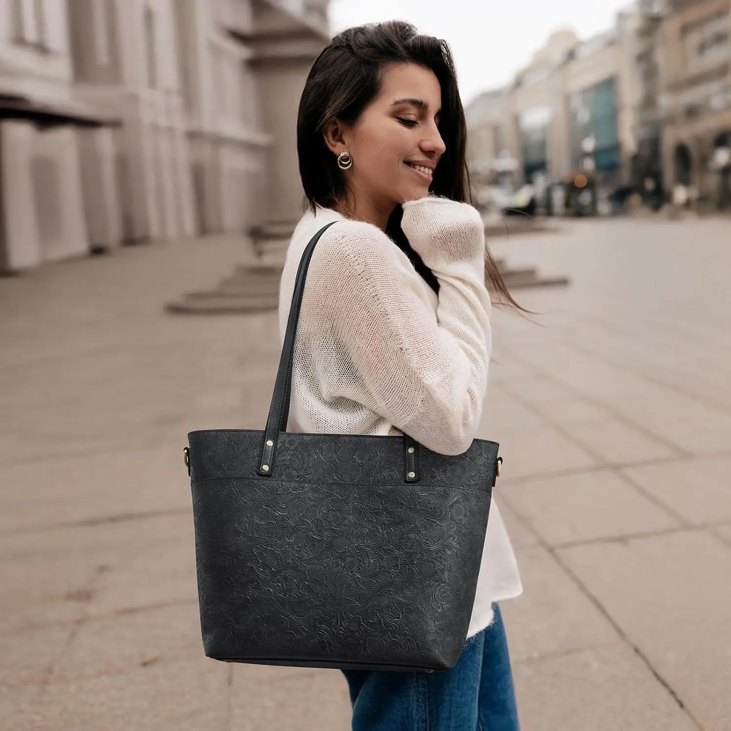 S-ZONE Leather Tote Bag for Women Large Work Totes Designer with Adjustable Strap