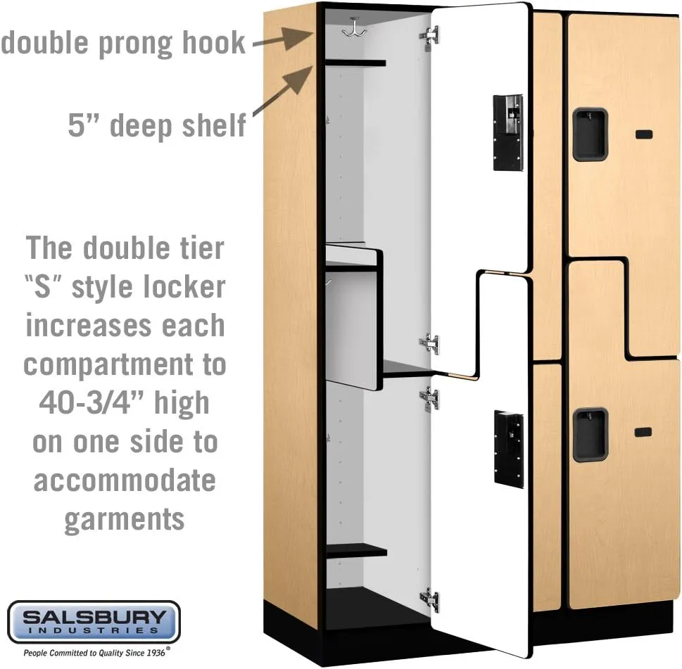 Salsbury Industries 2-Tier S-Style Extra Wide Designer Wood Locker with Three Wide Storage Units, 6-Feet High by 18-Inch Deep, Maple