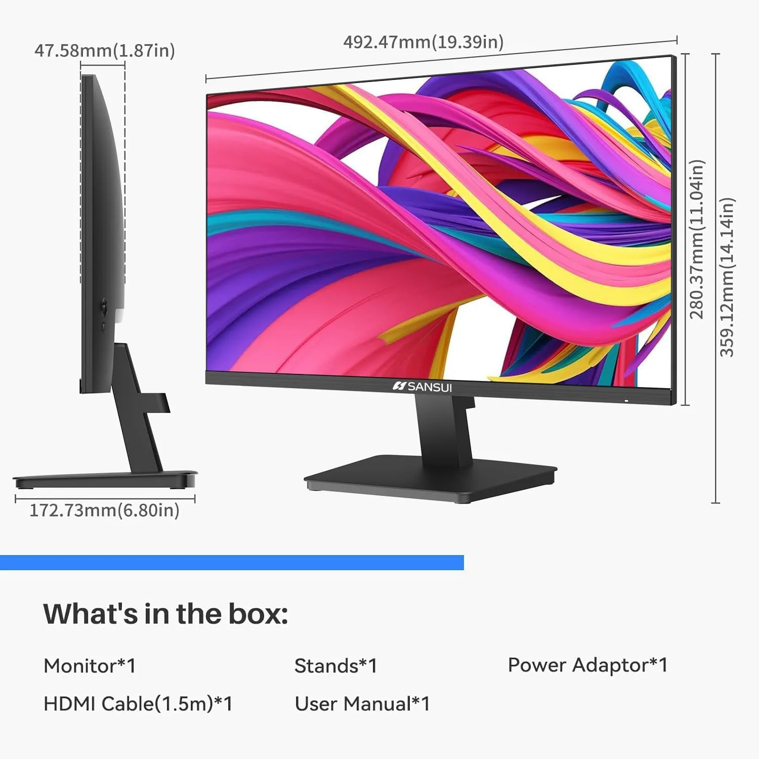 SANSUI Monitor 22 inch 1080p FHD 75Hz Computer Monitor with HDMI VGA, Ultra-Slim Bezel Ergonomic Tilt Eye Care LED Display for Home Office (ES-22F1 HDMI Cable Included)