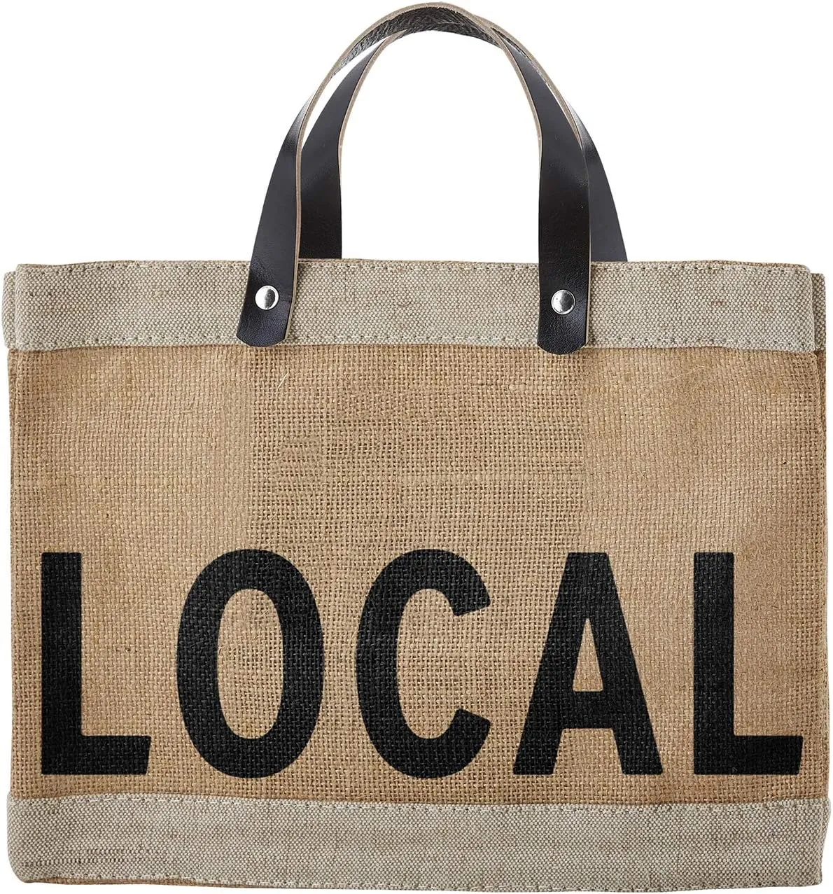 Santa Barbara Design Studio Local Mini Farmers Market Tote, Reusable Burlap Grocery Bag with Leather Handle, Purse for Beach or Picnics, Food Lovers Gift Idea, 12.5 x 9.5 Inches