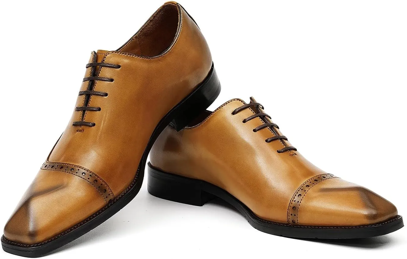 Santimon Mens Oxfords Formal Dress Shoes Genuine Leather Cap Toe Derby Fashion Comfortable Tuxedo Wedding Business Casual Prom Shoes for Men
