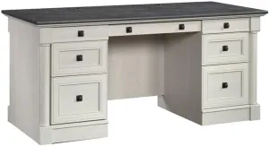 Sauder Palladia Office Desk with Drawers, Executive Desk with File Cabinet Storage, Cable Management, Keyboard Tray, in Glacier Oak Finish