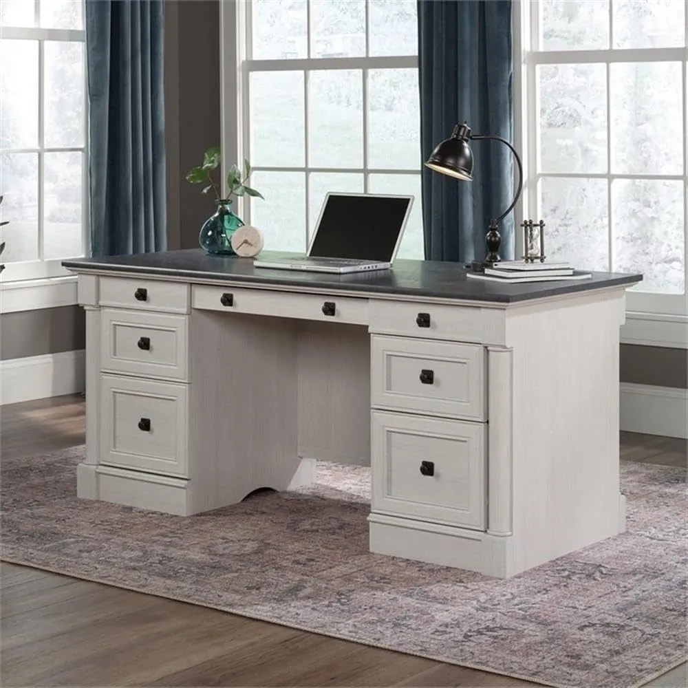 Sauder Palladia Office Desk with Drawers, Executive Desk with File Cabinet Storage, Cable Management, Keyboard Tray, in Glacier Oak Finish