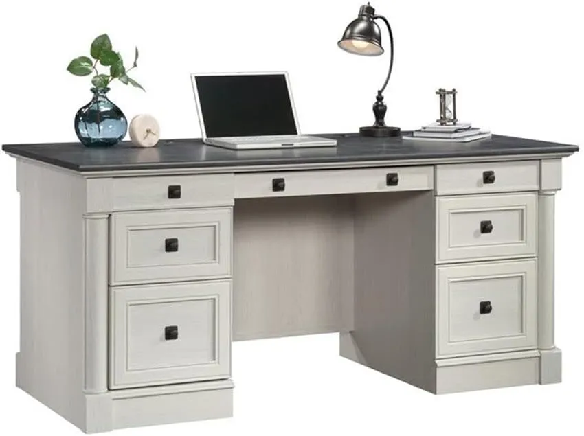 Sauder Palladia Office Desk with Drawers, Executive Desk with File Cabinet Storage, Cable Management, Keyboard Tray, in Glacier Oak Finish