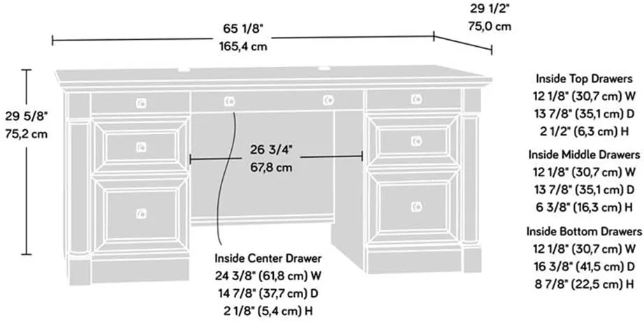 Sauder Palladia Office Desk with Drawers, Executive Desk with File Cabinet Storage, Cable Management, Keyboard Tray, in Glacier Oak Finish
