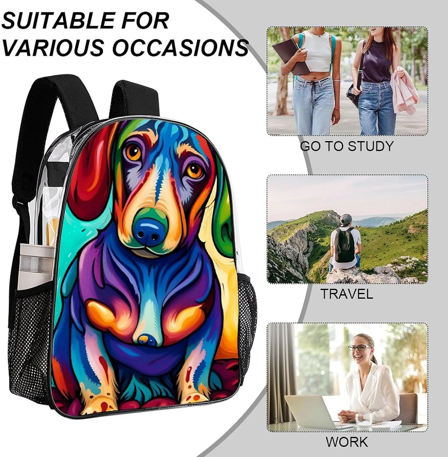 Sausage Dog Dachshund Art Daypack Lightweight Multipurpose Anti-Theft Shoulder Bag Large Capacity Laptop Book Bag Rucksack Transparent Bag