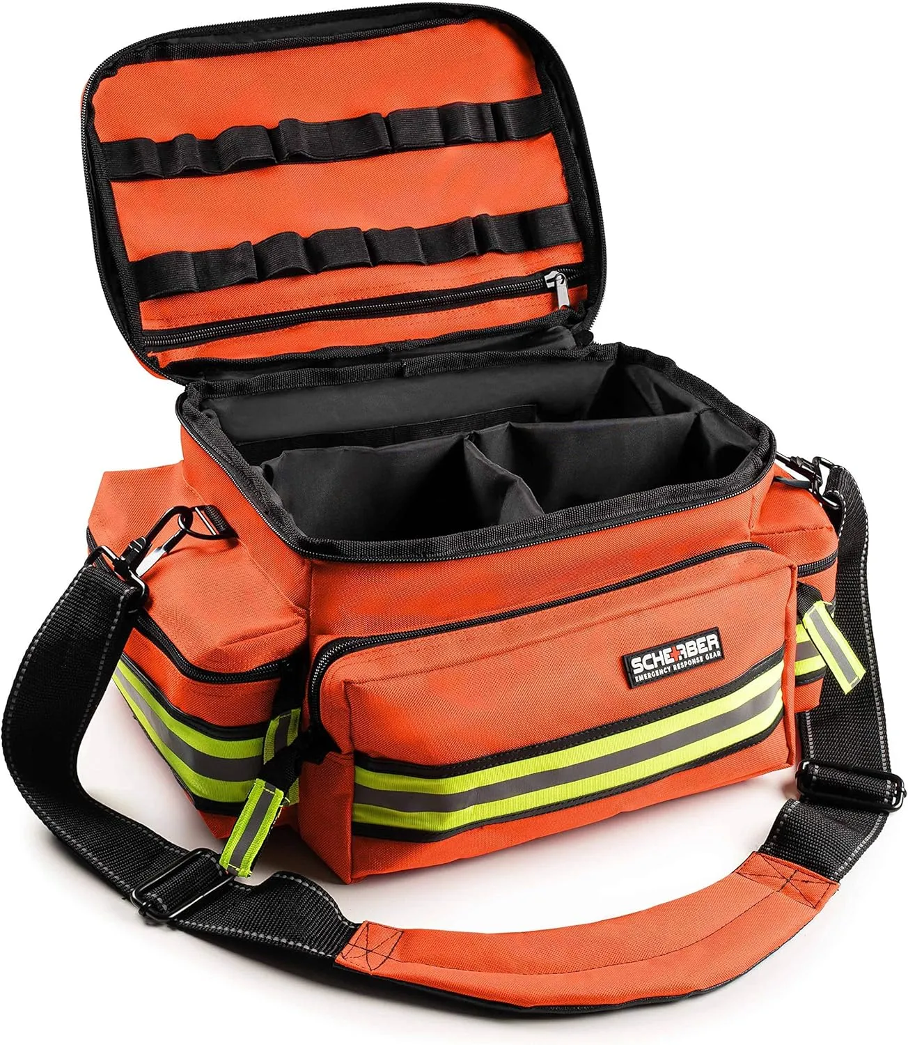 Scherber First Responder Fully-Stocked Professional Essentials EMT/EMS Trauma Kit | HSA/FSA Approved | Reflective Bag w/8 Zippered Pockets & Compartments & 200  First Aid Supplies - Orange
