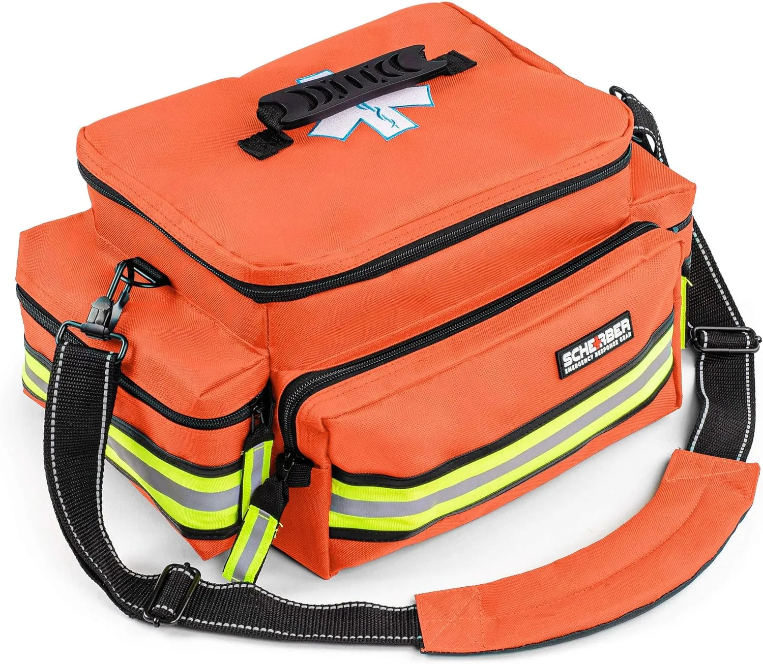 Scherber First Responder Fully-Stocked Professional Essentials EMT/EMS Trauma Kit | HSA/FSA Approved | Reflective Bag w/8 Zippered Pockets & Compartments & 200  First Aid Supplies - Orange