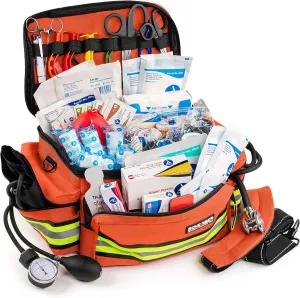 Scherber First Responder Fully-Stocked Professional Essentials EMT/EMS Trauma Kit | HSA/FSA Approved | Reflective Bag w/8 Zippered Pockets & Compartments & 200  First Aid Supplies - Orange