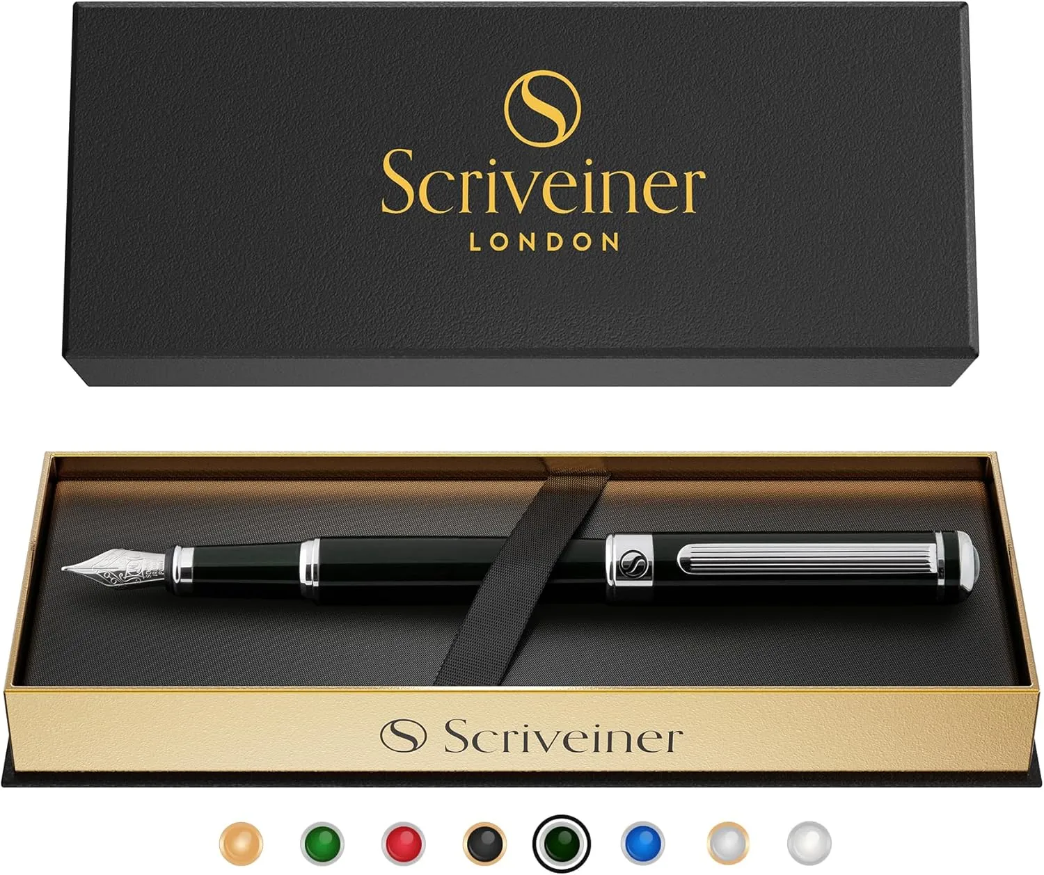 Scriveiner Black Green Fountain Pen - Stunning Luxury Pen with Chrome Finish, Schmidt Nib (Medium), Best Pen Gift Set for Men & Women, Professional, Executive, Office, Nice Pens