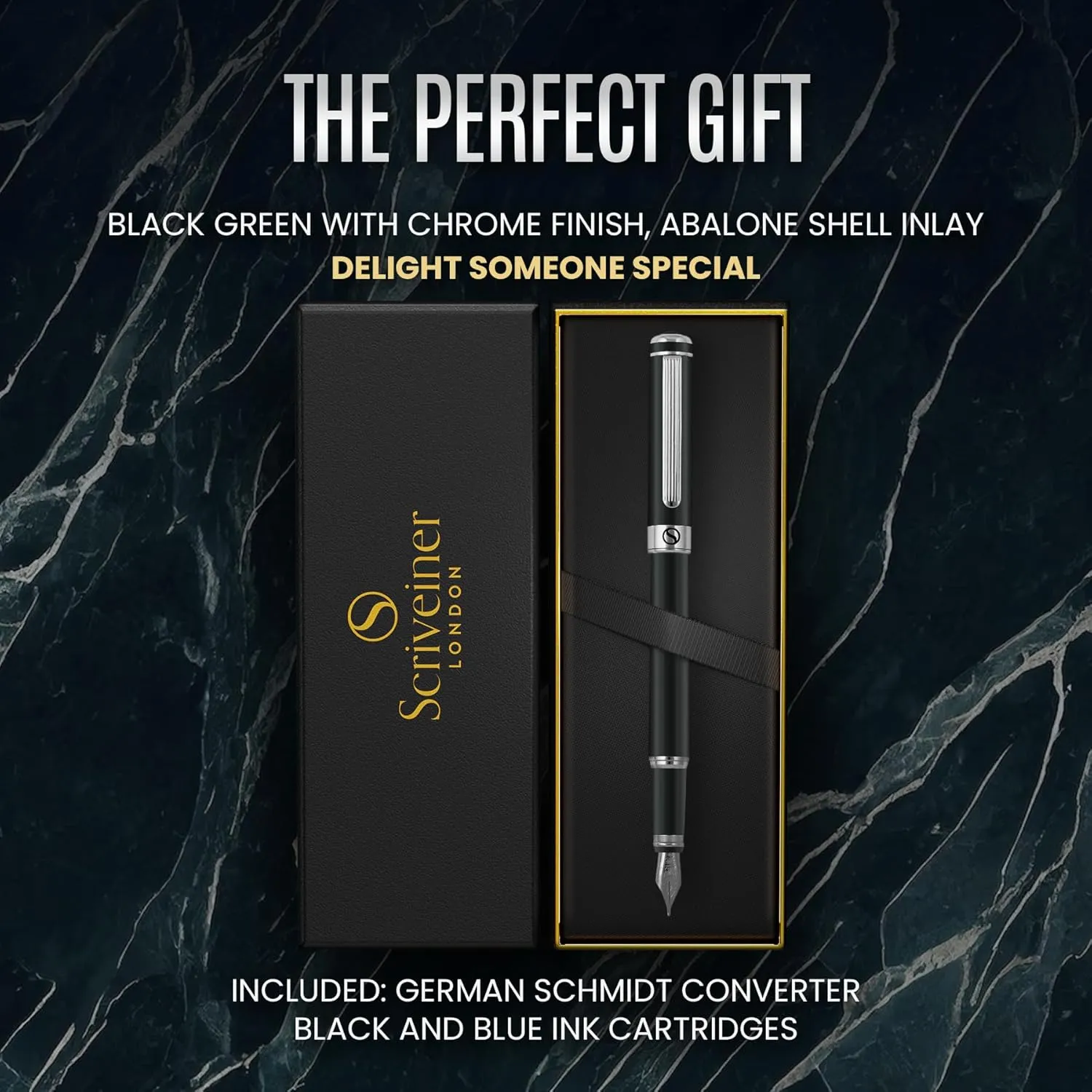 Scriveiner Black Green Fountain Pen - Stunning Luxury Pen with Chrome Finish, Schmidt Nib (Medium), Best Pen Gift Set for Men & Women, Professional, Executive, Office, Nice Pens