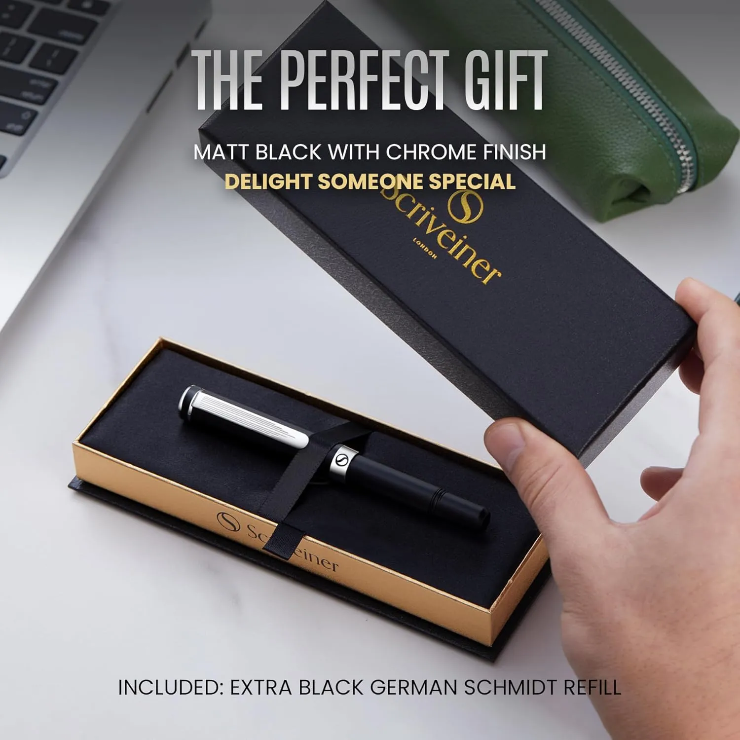 Scriveiner Black Rollerball EDC Luxury Pen, Stunning Pocket Pen with Chrome Finish, Cool Writing, Best Gift for Men & Women, German Schmidt Refill, Nice Present, Fancy Office Designer Set