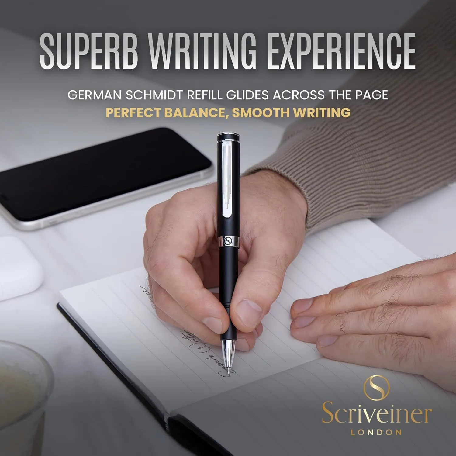 Scriveiner Black Rollerball EDC Luxury Pen, Stunning Pocket Pen with Chrome Finish, Cool Writing, Best Gift for Men & Women, German Schmidt Refill, Nice Present, Fancy Office Designer Set