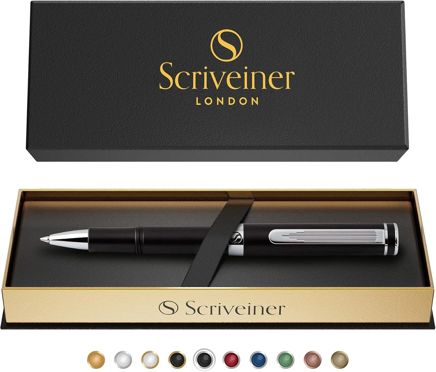 Scriveiner Black Rollerball EDC Luxury Pen, Stunning Pocket Pen with Chrome Finish, Cool Writing, Best Gift for Men & Women, German Schmidt Refill, Nice Present, Fancy Office Designer Set