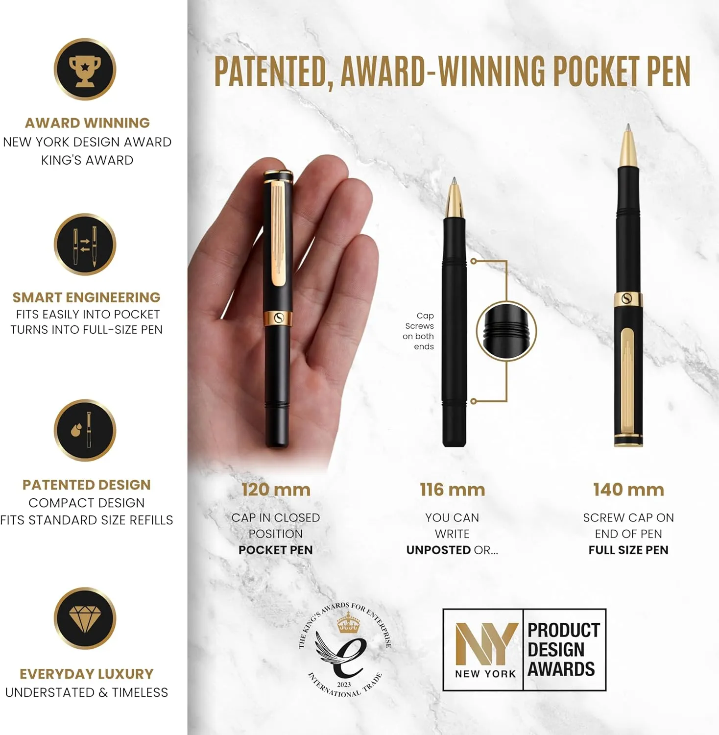 Scriveiner Black Rollerball EDC Luxury Pen, Stunning Pocket Roller ball with Real Gold Finish, Great Gift for Men & Women with German Schmidt Refill, Nice Present, Fancy Office Designer Pen