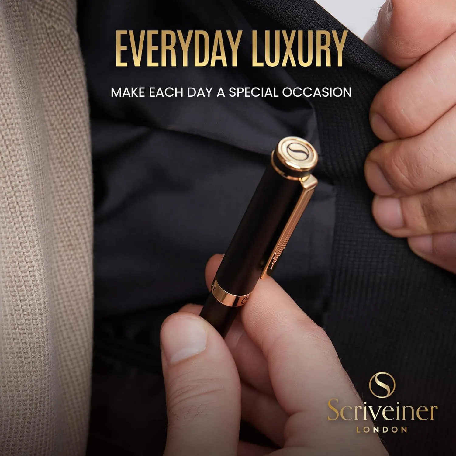 Scriveiner Black Rollerball EDC Luxury Pen, Stunning Pocket Roller ball with Real Gold Finish, Great Gift for Men & Women with German Schmidt Refill, Nice Present, Fancy Office Designer Pen
