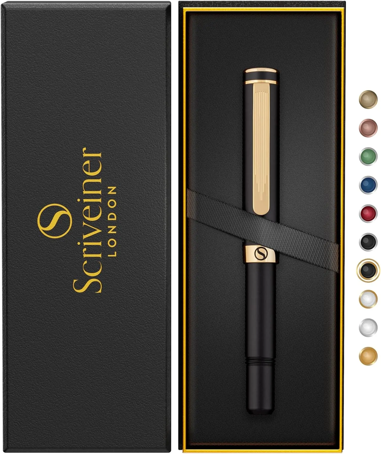Scriveiner Black Rollerball EDC Luxury Pen, Stunning Pocket Roller ball with Real Gold Finish, Great Gift for Men & Women with German Schmidt Refill, Nice Present, Fancy Office Designer Pen